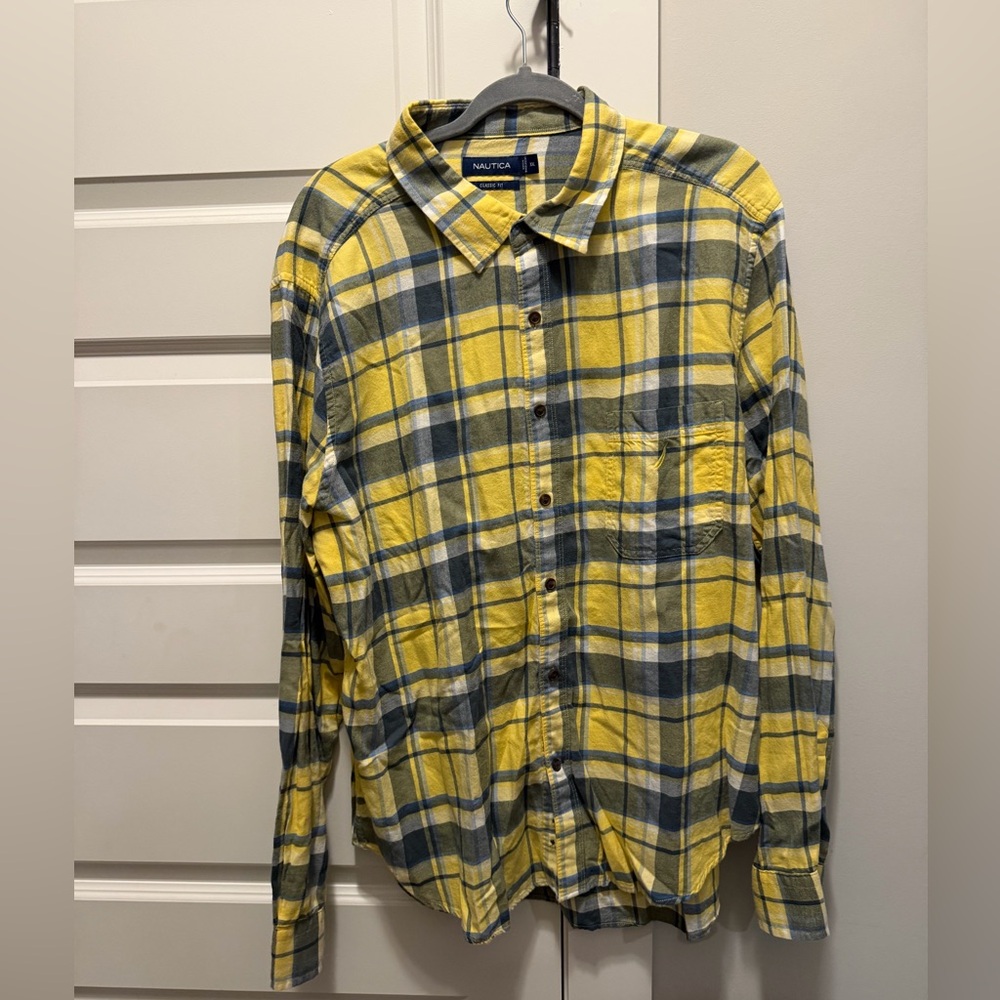 Nautica Men's Yellow and Gray Plaid Shirt